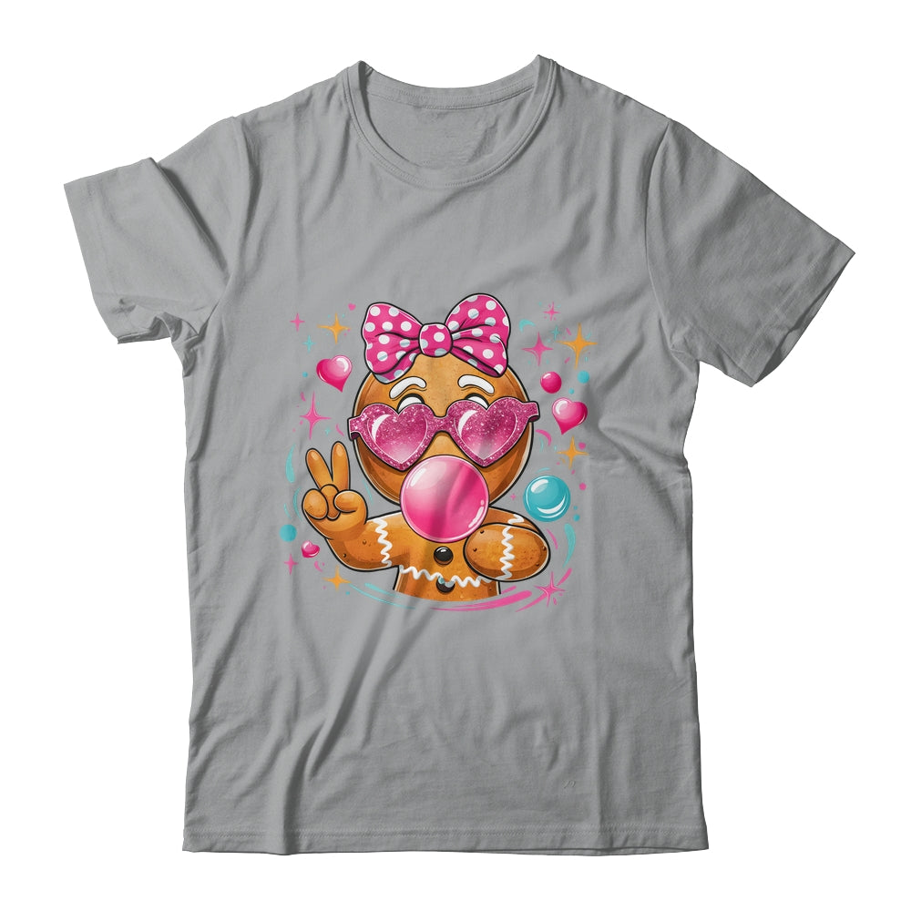Pink Gingerbread Girl With Sunglasses Blowing Bubble Xmas Shirt & Sweatshirt | siriusteestore