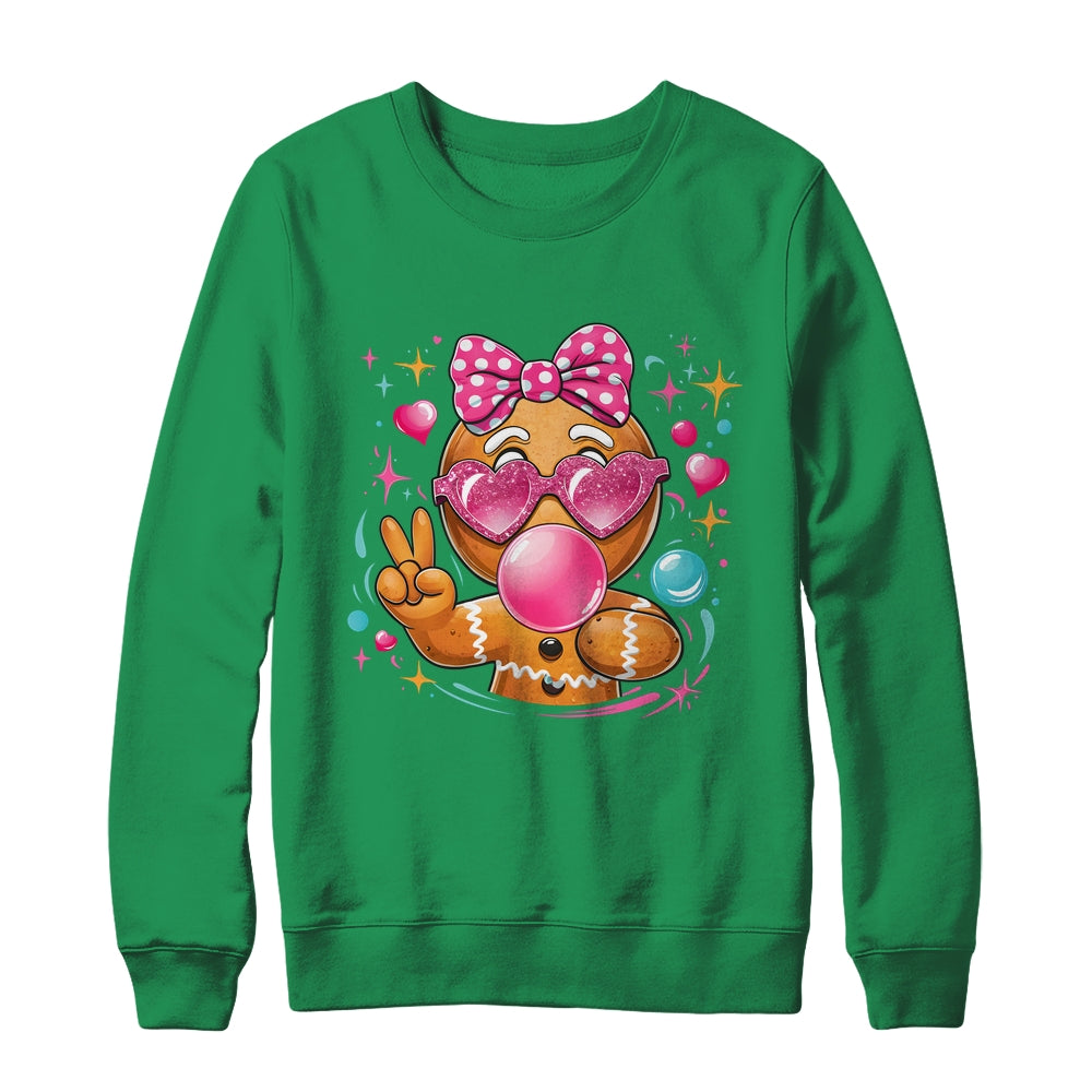 Pink Gingerbread Girl With Sunglasses Blowing Bubble Xmas Shirt & Sweatshirt | siriusteestore
