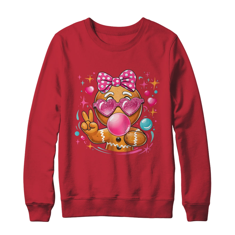 Pink Gingerbread Girl With Sunglasses Blowing Bubble Xmas Shirt & Sweatshirt | siriusteestore