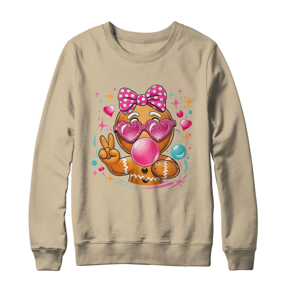 Pink Gingerbread Girl With Sunglasses Blowing Bubble Xmas Shirt & Sweatshirt | siriusteestore