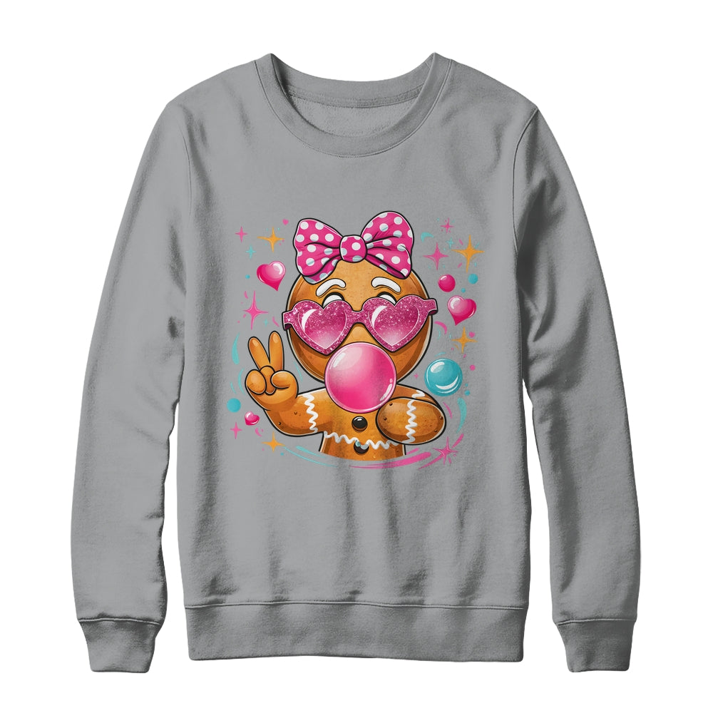 Pink Gingerbread Girl With Sunglasses Blowing Bubble Xmas Shirt & Sweatshirt | siriusteestore