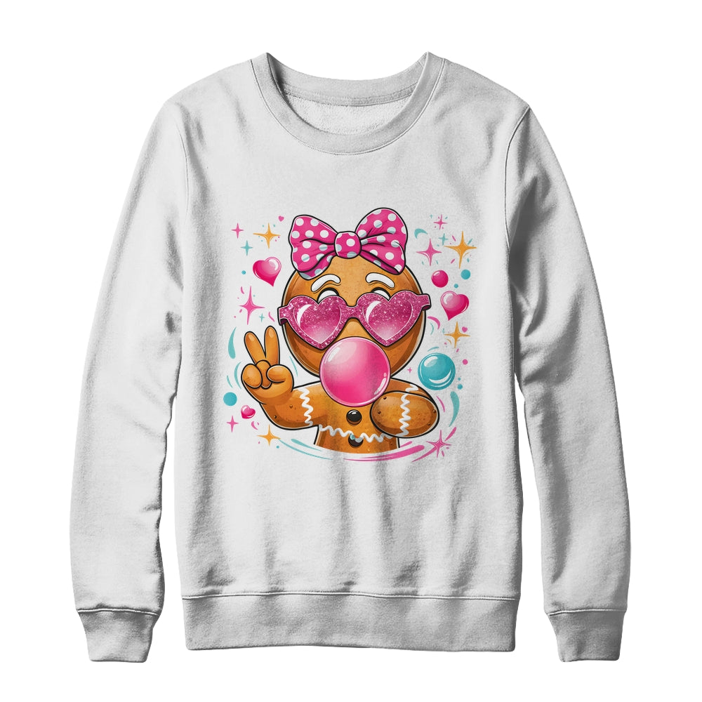 Pink Gingerbread Girl With Sunglasses Blowing Bubble Xmas Shirt & Sweatshirt | siriusteestore