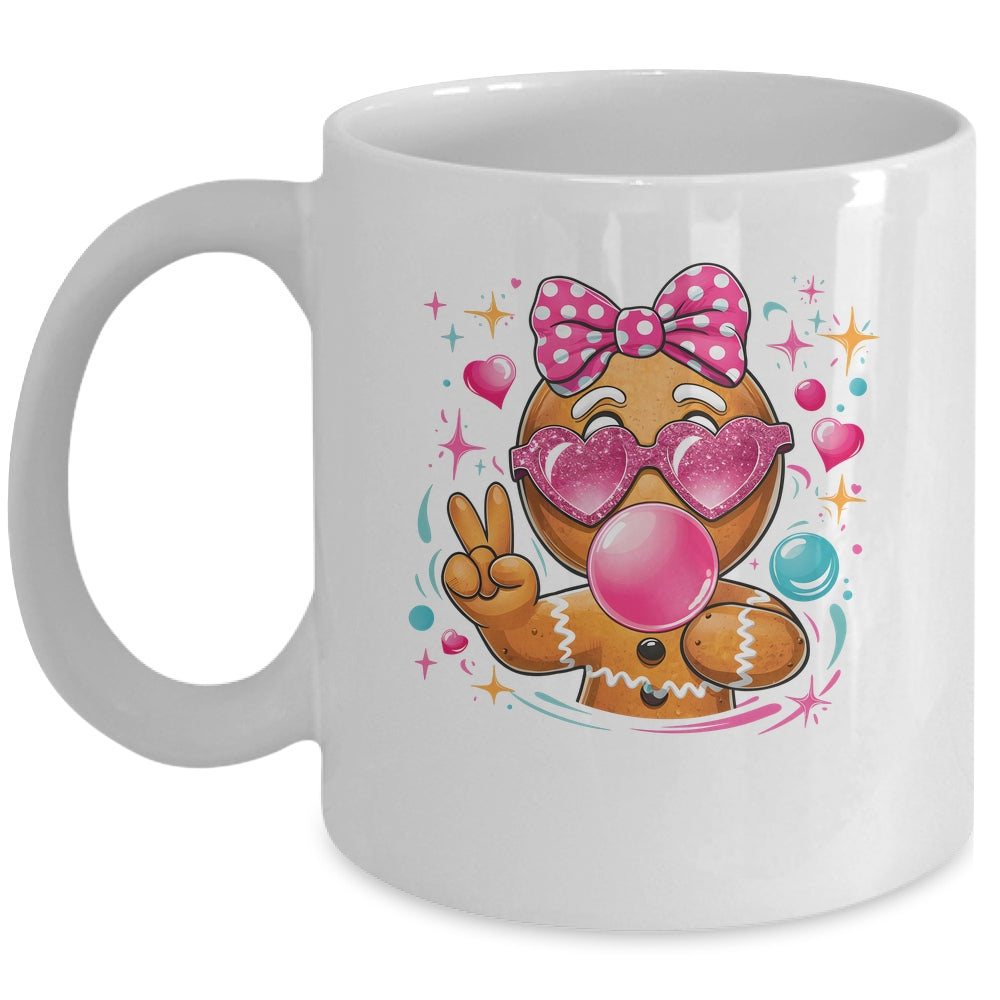 Pink Gingerbread Girl With Sunglasses Blowing Bubble Xmas Mug | siriusteestore