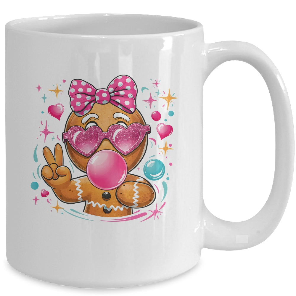 Pink Gingerbread Girl With Sunglasses Blowing Bubble Xmas Mug | siriusteestore
