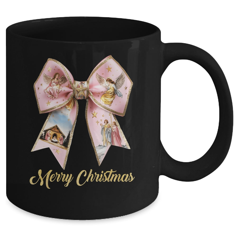 Pink Jesus Merry Christmas Coquette Bow Christmas Nativity Mug | siriusteestore