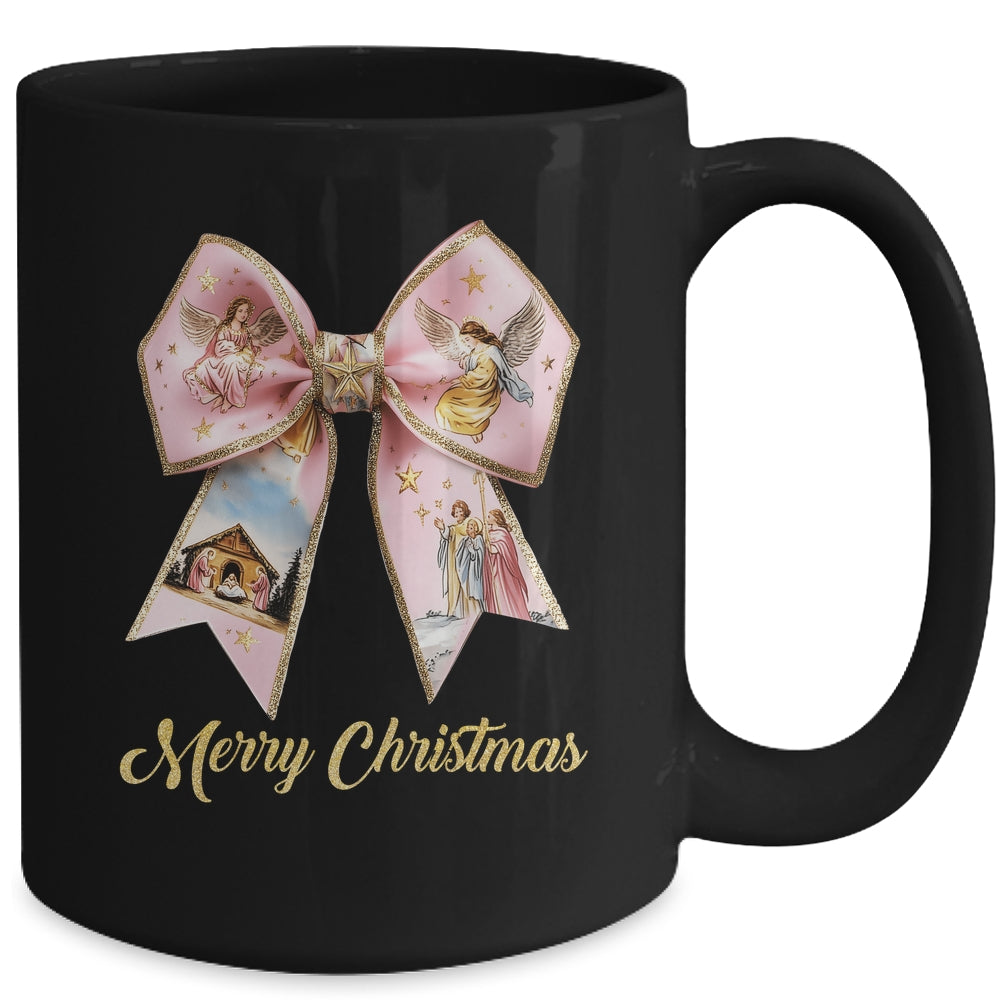 Pink Jesus Merry Christmas Coquette Bow Christmas Nativity Mug | siriusteestore
