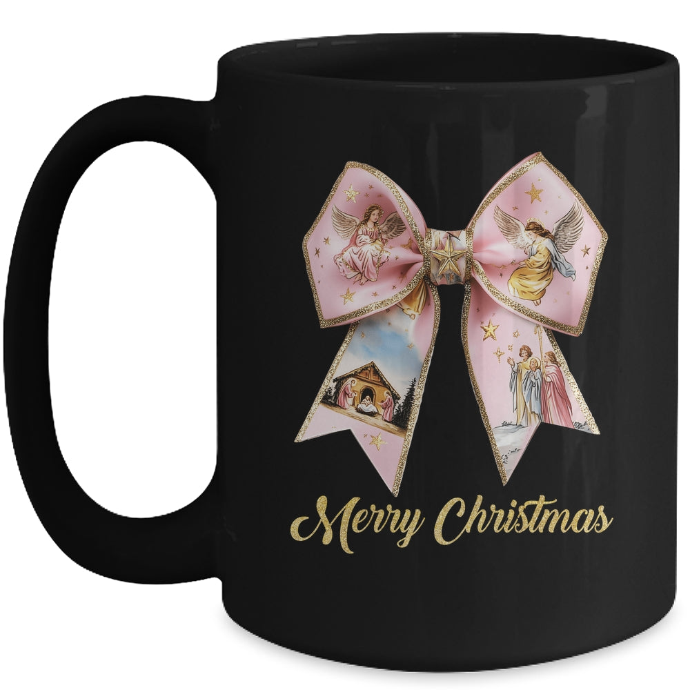 Pink Jesus Merry Christmas Coquette Bow Christmas Nativity Mug | siriusteestore