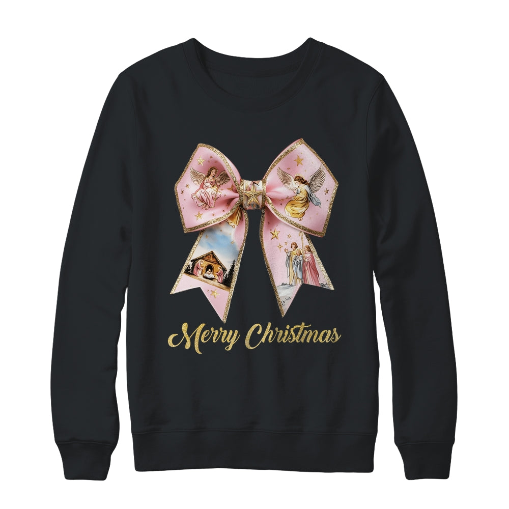 Pink Jesus Merry Christmas Coquette Bow Christmas Nativity Shirt & Sweatshirt | siriusteestore