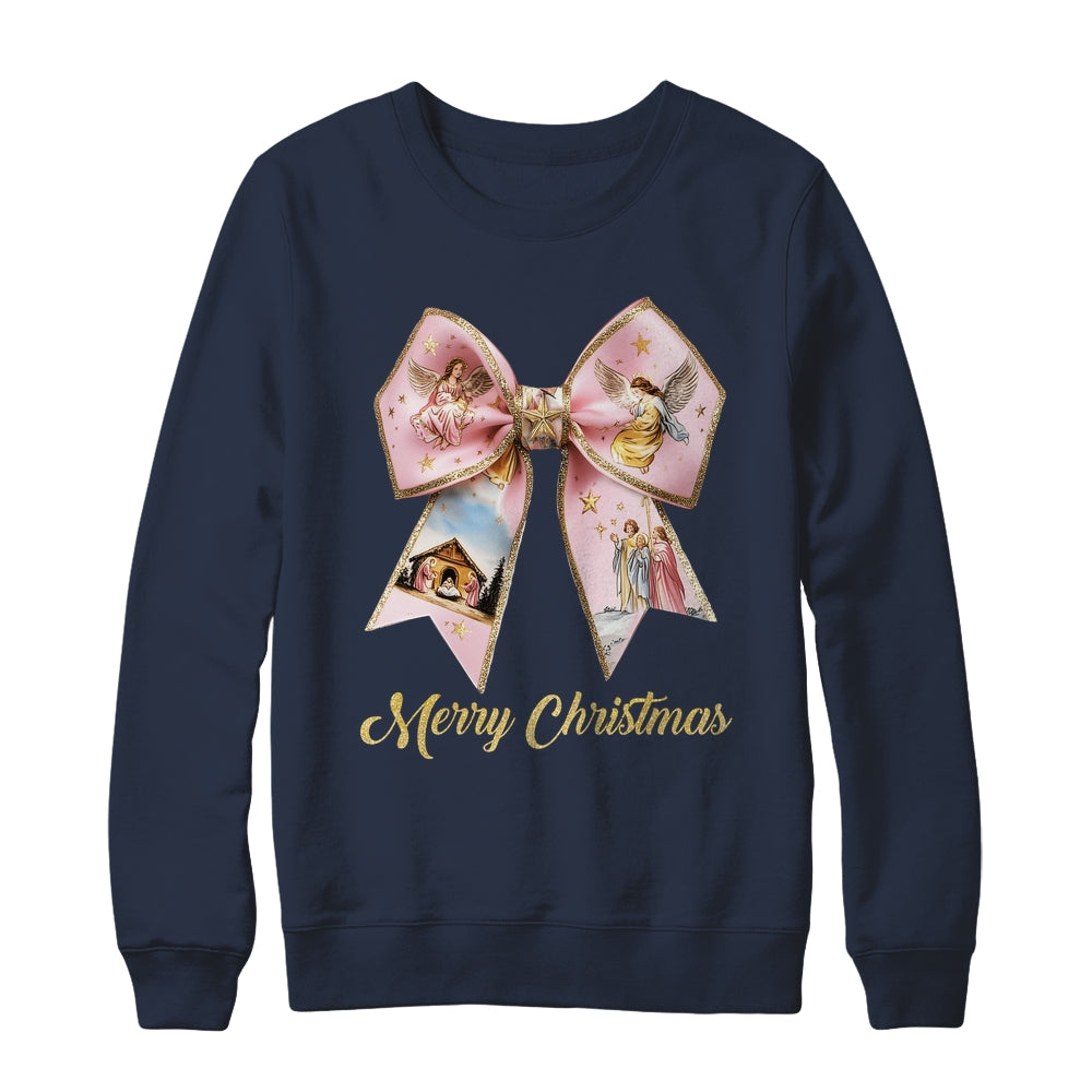 Pink Jesus Merry Christmas Coquette Bow Christmas Nativity Shirt & Sweatshirt | siriusteestore