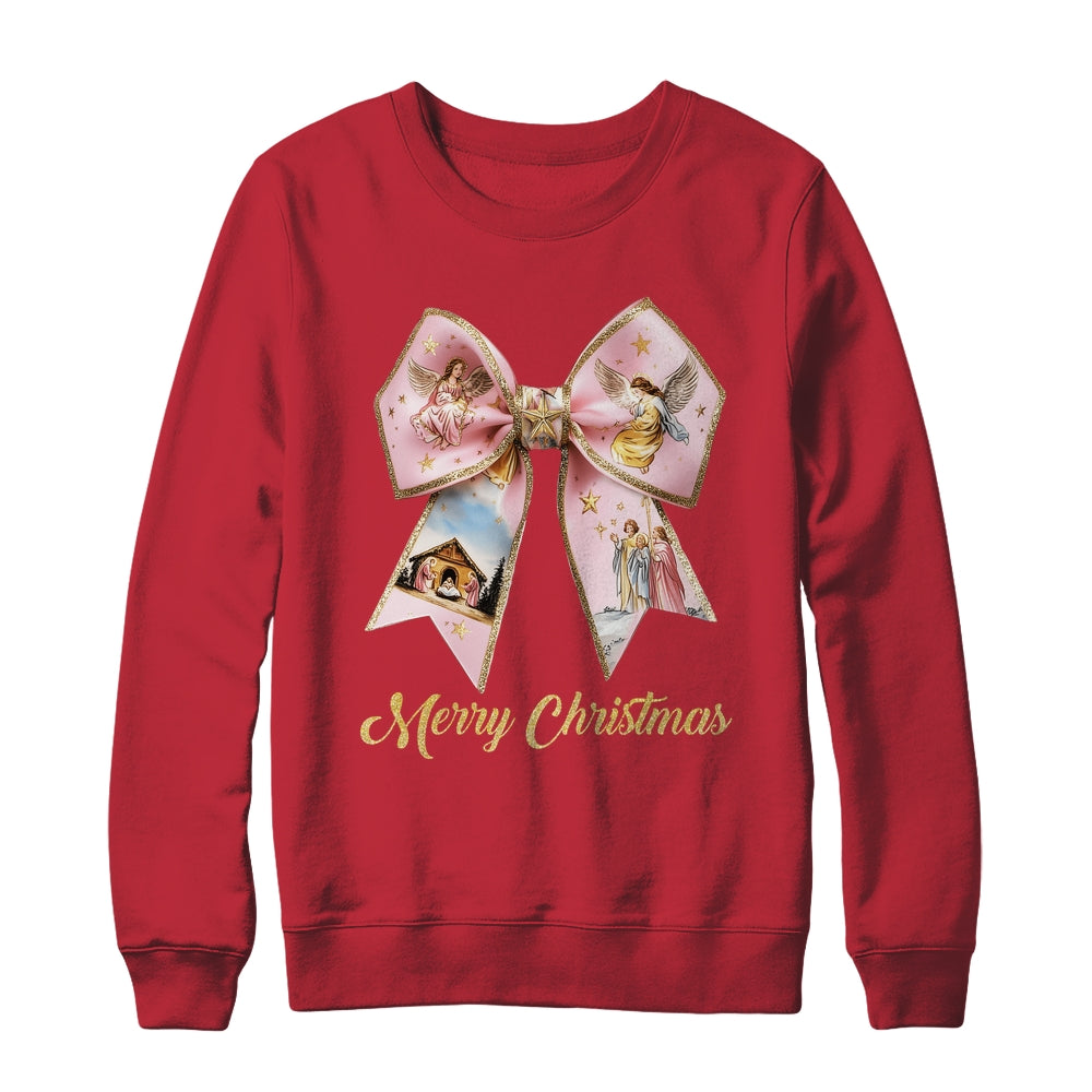 Pink Jesus Merry Christmas Coquette Bow Christmas Nativity Shirt & Sweatshirt | siriusteestore