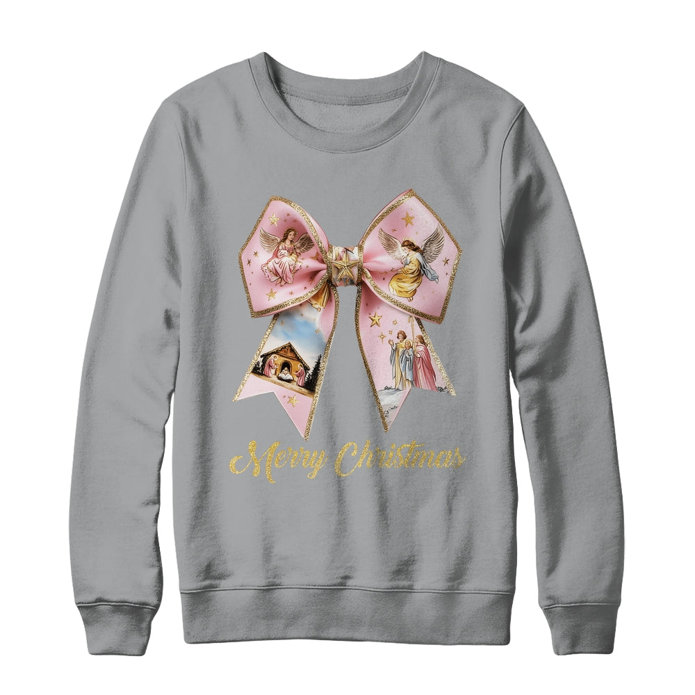 Pink Jesus Merry Christmas Coquette Bow Christmas Nativity Shirt & Sweatshirt | siriusteestore