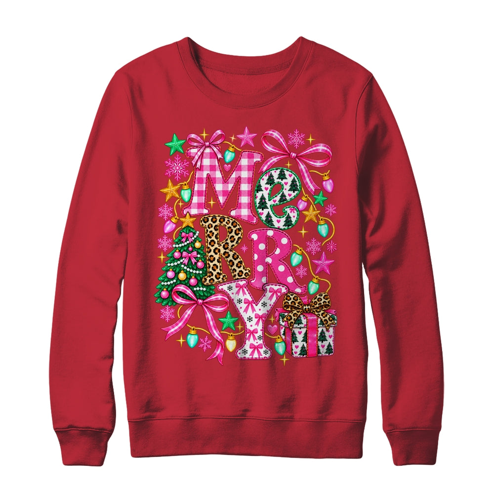 Pink Merry Christmas Leopard Bow Tree Holiday Women Girls Shirt & Sweatshirt | siriusteestore