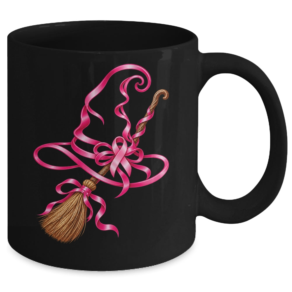 Pink Ribbon Witch Hat Broom Breast Cancer Halloween Awarenes Mug | siriusteestore