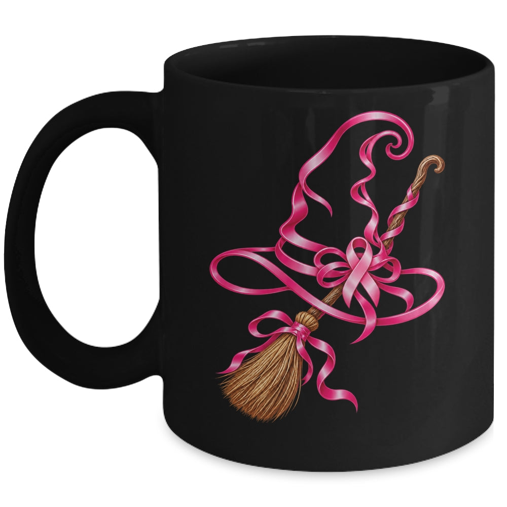 Pink Ribbon Witch Hat Broom Breast Cancer Halloween Awarenes Mug | siriusteestore