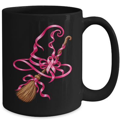Pink Ribbon Witch Hat Broom Breast Cancer Halloween Awarenes Mug | siriusteestore