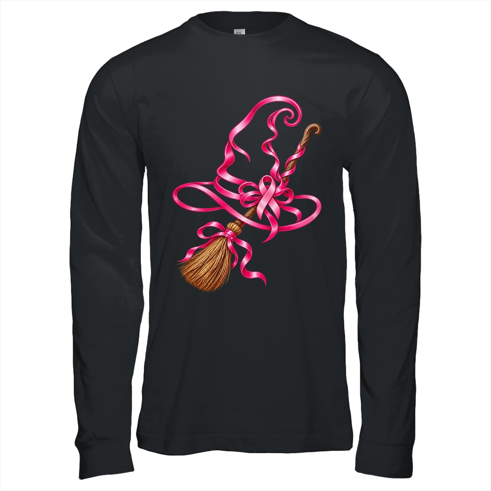 Pink Ribbon Witch Hat Broom Breast Cancer Halloween Awarenes Shirt & Hoodie | siriusteestore