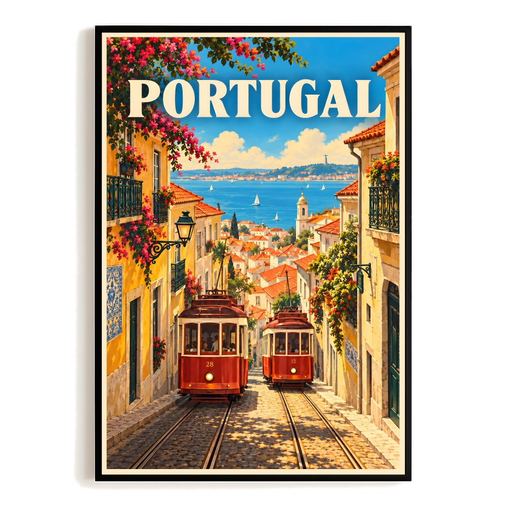 Portugal Lisbon Tram Coastal Street Vintage Travel Poster Wall Art Print European Architecture Cityscape Souvenir Decor For Home Living Room Office Bedroom Gift Unframed | siriusteestore