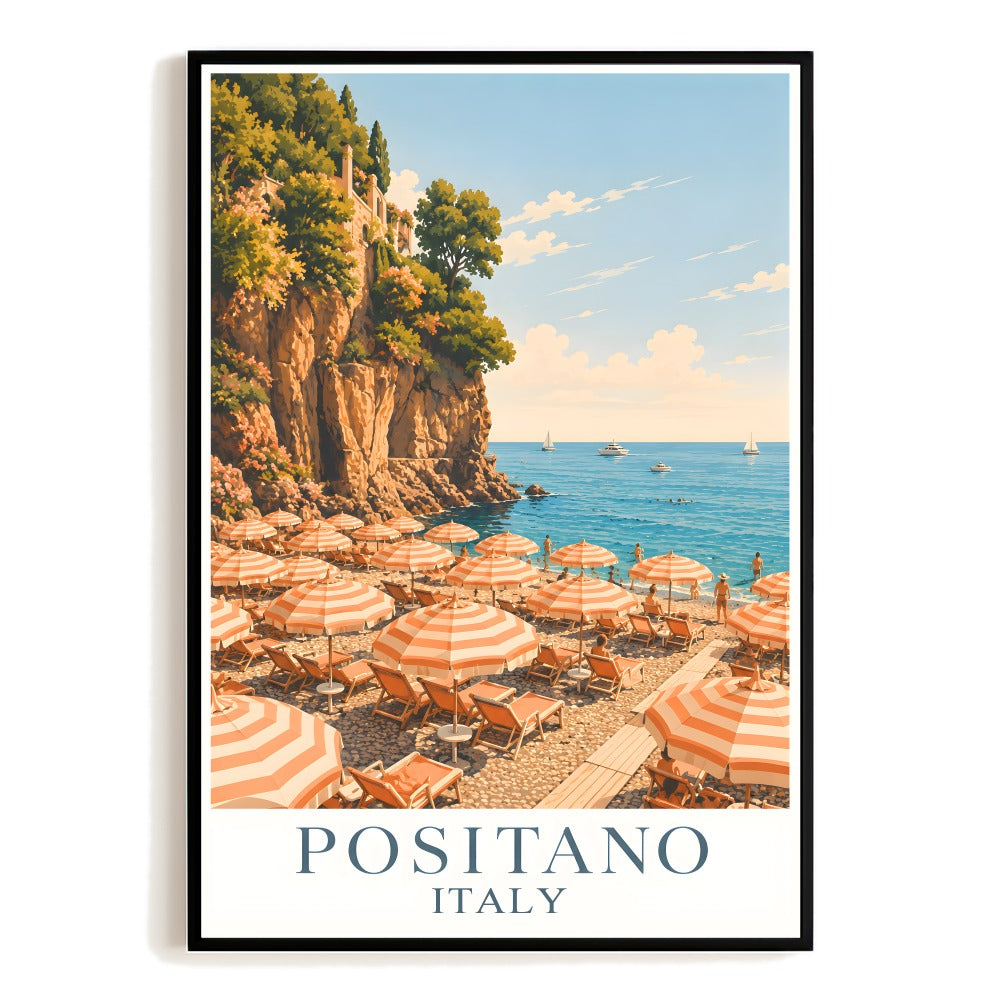 Positano Italy Amalfi Coast Beach Wall Art Summer Coastal Landscape Print Orange Striped Umbrellas Vintage Travel Poster Home Living Room Bedroom Office Decor Unframed | siriusteestore