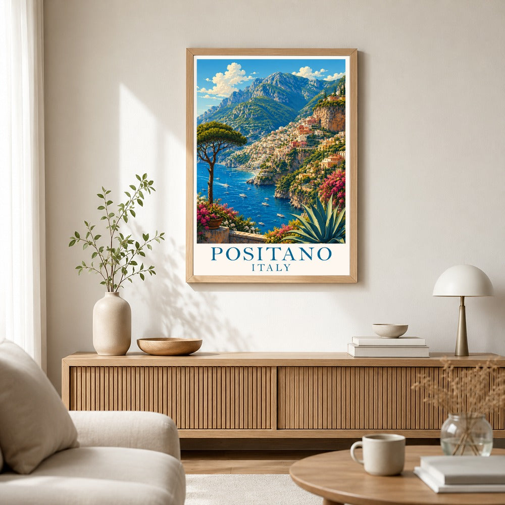 Positano Italy Coastal Cliff Village Travel Poster Natura Mediterranean Sea View Landscape Wall Art Print Painting For Home Living Room Bedroom Office Decor Unframed | siriusteestore