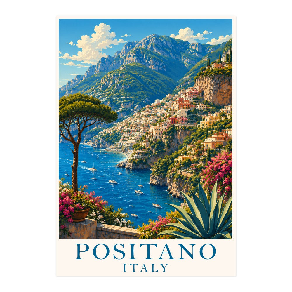 Positano Italy Coastal Cliff Village Travel Poster Natura Mediterranean Sea View Landscape Wall Art Print Painting For Home Living Room Bedroom Office Decor Unframed | siriusteestore