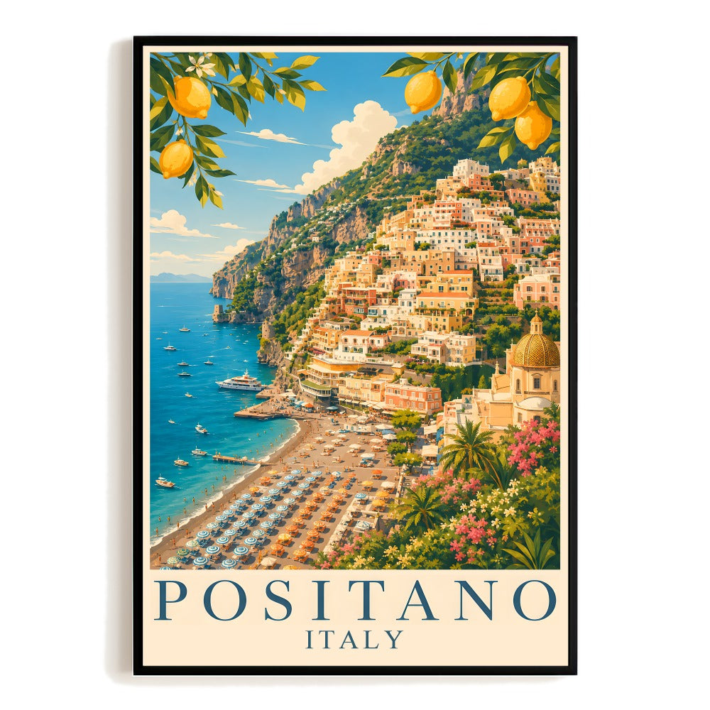 Positano Italy Coastal Town Travel Poster Vintage Beach Cliff Village Landscape Wall Art Print Souvenir Home Office Living Room Bedroom Decor Unframed | siriusteestore