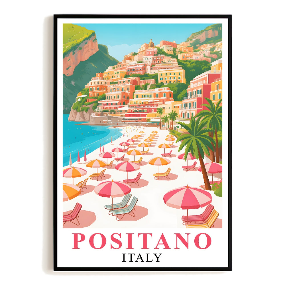 Positano Print Travel Poster Coast Beach Coastal Italy Souvenir Wall Art Landscape Painting Watercolor Ideal Gift For Home Living Room Office Bedroom Decor Unframed | siriusteestore