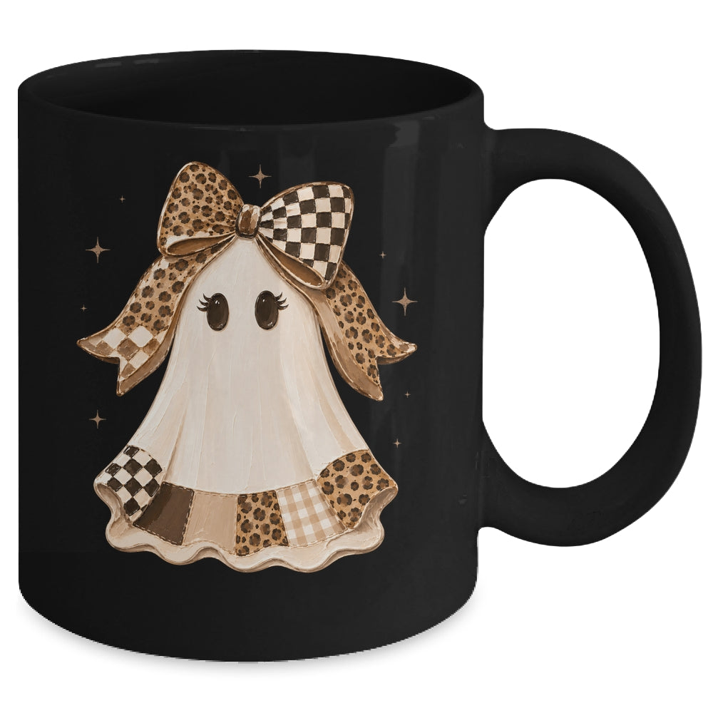 Preppy Coquette Ghost Bow Checkered Leopard Print Halloween Mug | siriusteestore