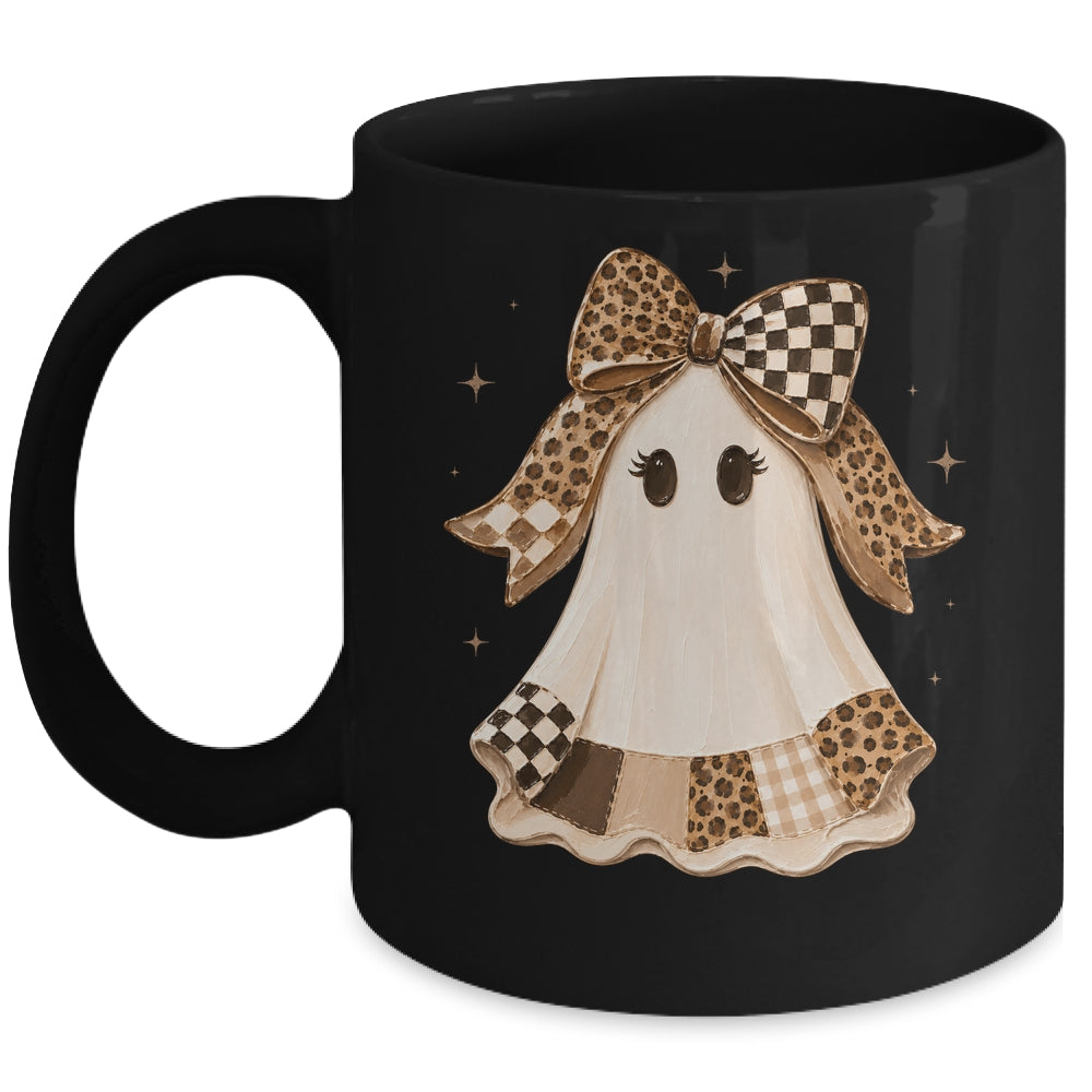 Preppy Coquette Ghost Bow Checkered Leopard Print Halloween Mug | siriusteestore