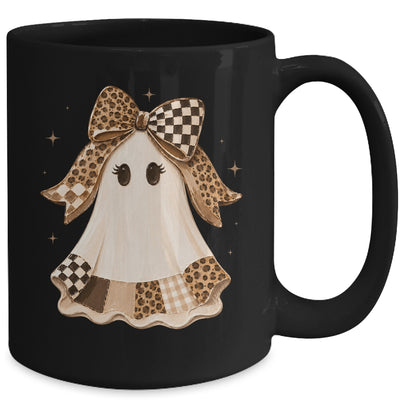 Preppy Coquette Ghost Bow Checkered Leopard Print Halloween Mug | siriusteestore