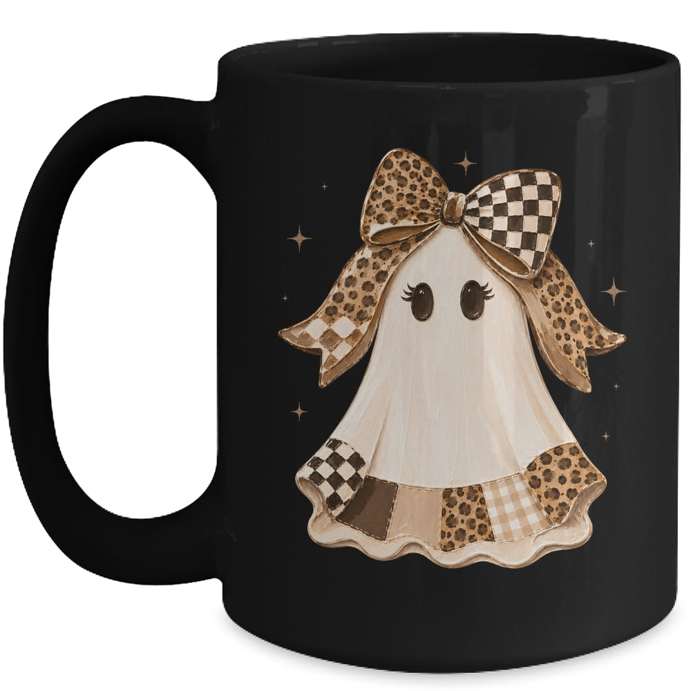 Preppy Coquette Ghost Bow Checkered Leopard Print Halloween Mug | siriusteestore