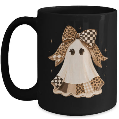 Preppy Coquette Ghost Bow Checkered Leopard Print Halloween Mug | siriusteestore