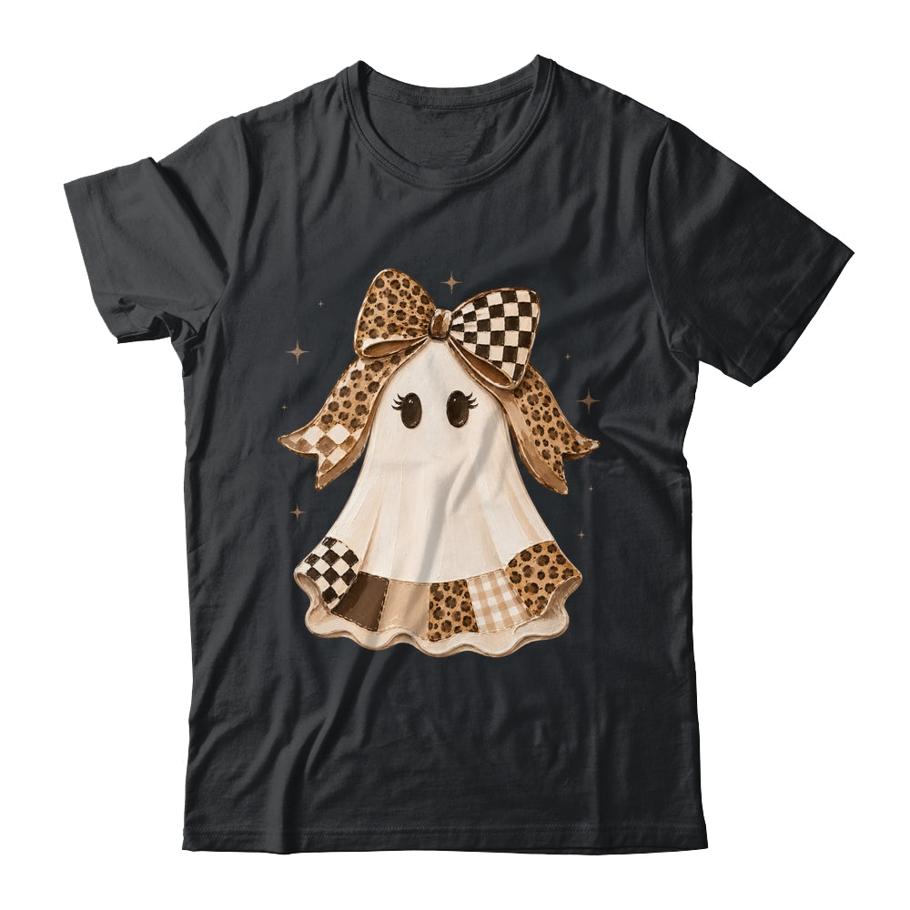 Preppy Coquette Ghost Bow Checkered Leopard Print Halloween Shirt & Sweatshirt | siriusteestore