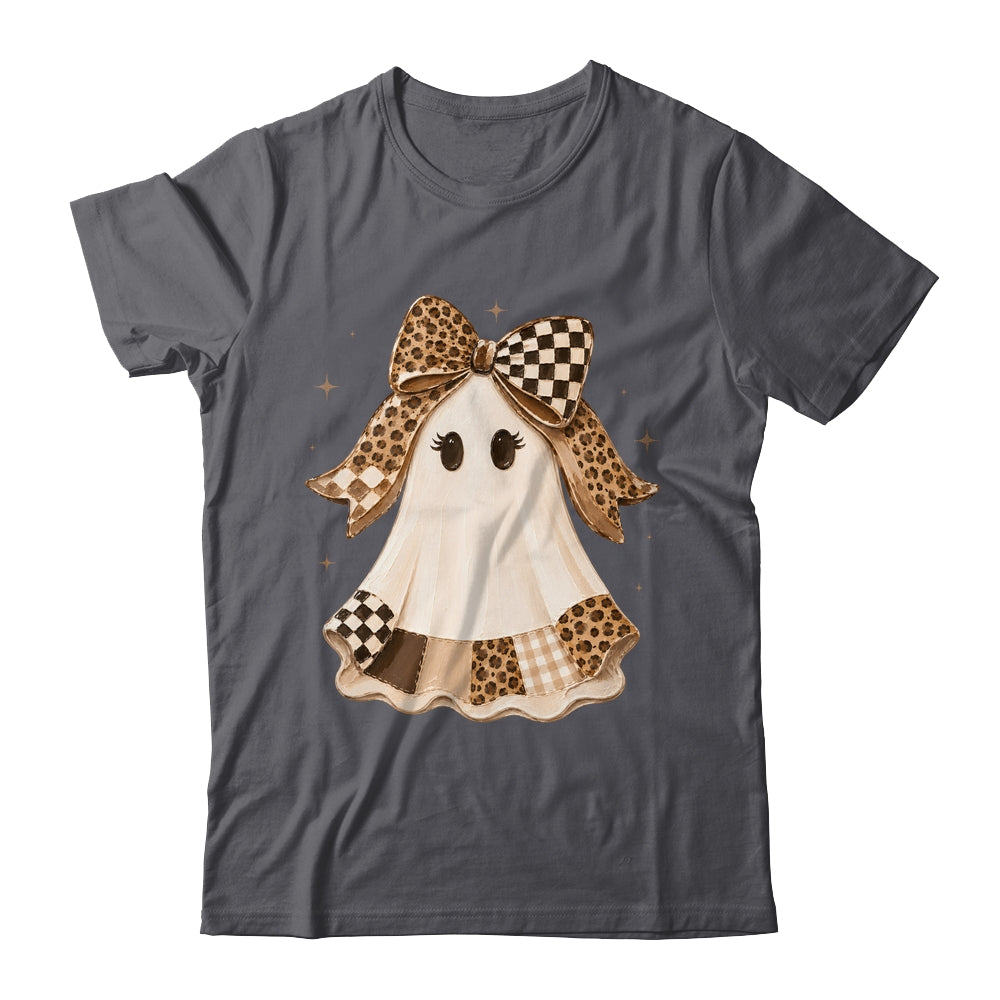 Preppy Coquette Ghost Bow Checkered Leopard Print Halloween Shirt & Sweatshirt | siriusteestore