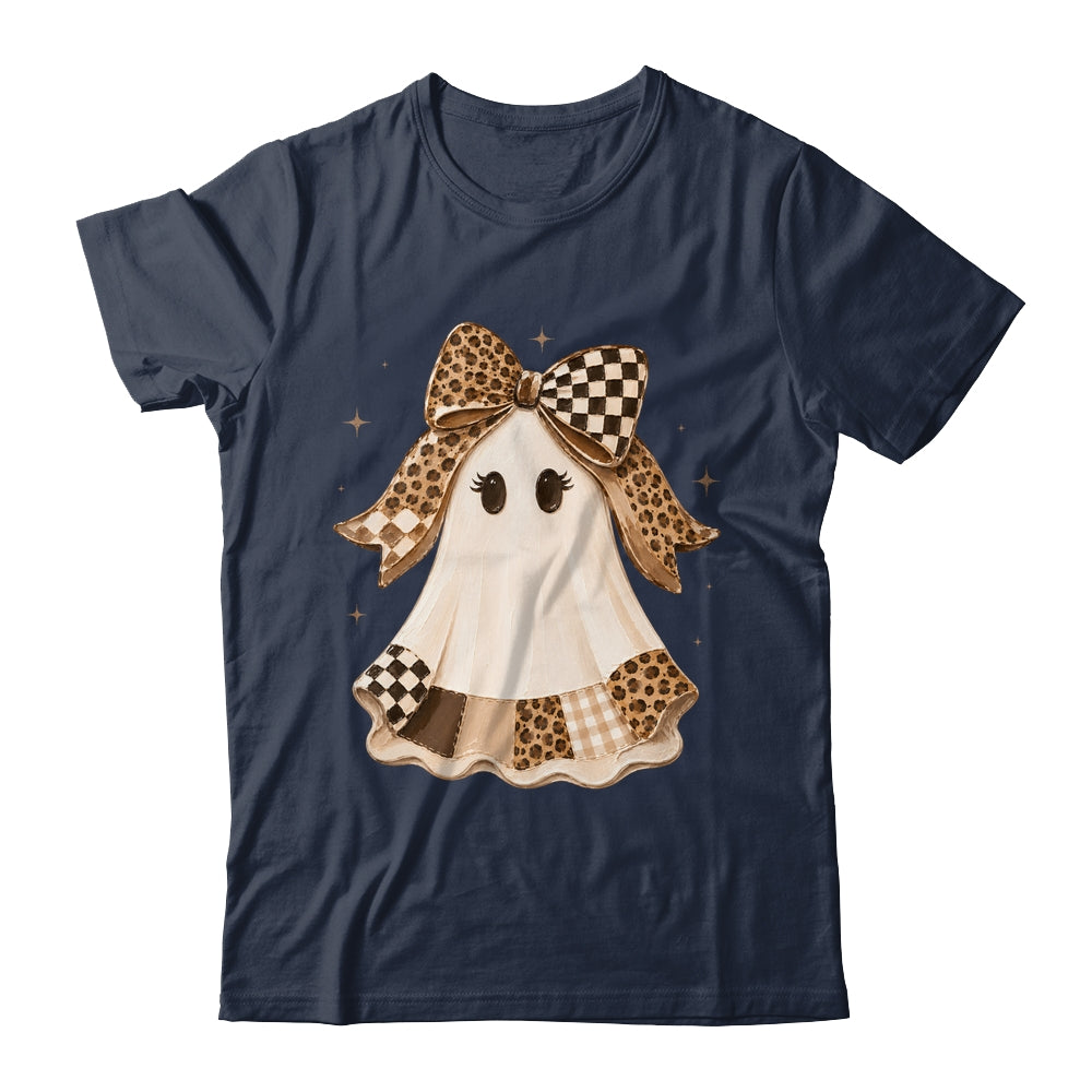 Preppy Coquette Ghost Bow Checkered Leopard Print Halloween Shirt & Sweatshirt | siriusteestore