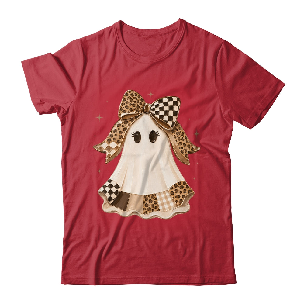 Preppy Coquette Ghost Bow Checkered Leopard Print Halloween Shirt & Sweatshirt | siriusteestore