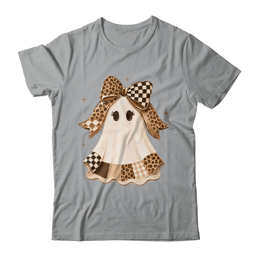 Preppy Coquette Ghost Bow Checkered Leopard Print Halloween Shirt & Sweatshirt | siriusteestore