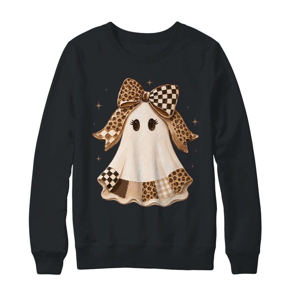 Preppy Coquette Ghost Bow Checkered Leopard Print Halloween Shirt & Sweatshirt | siriusteestore