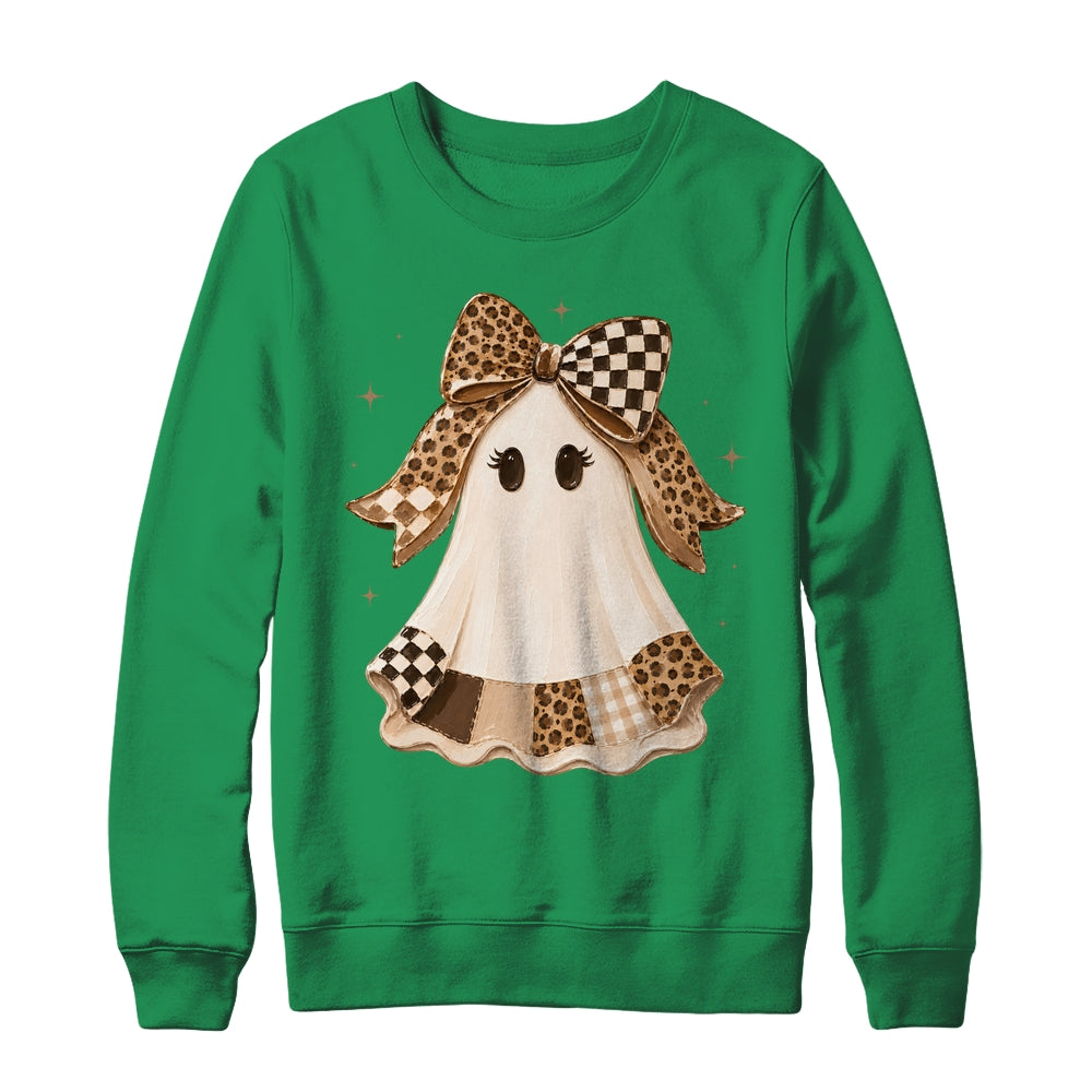 Preppy Coquette Ghost Bow Checkered Leopard Print Halloween Shirt & Sweatshirt | siriusteestore