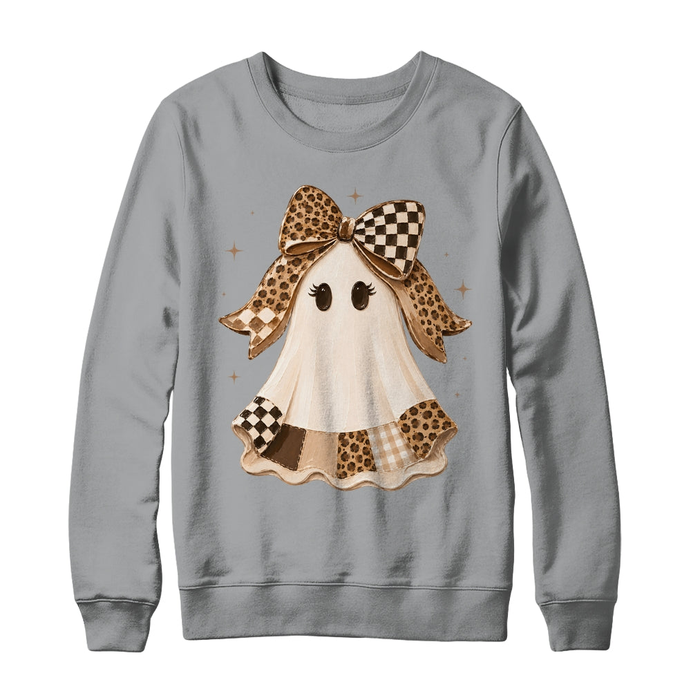 Preppy Coquette Ghost Bow Checkered Leopard Print Halloween Shirt & Sweatshirt | siriusteestore
