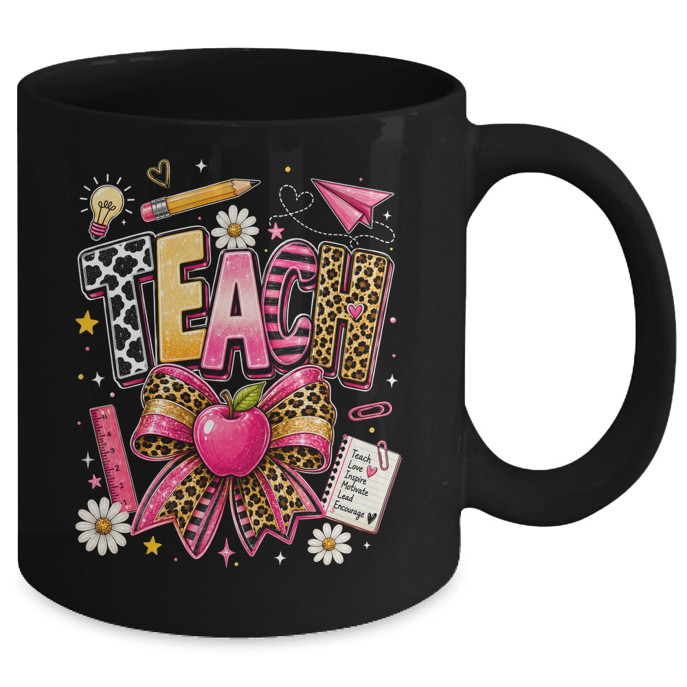 Preppy Leopard Teach Coquette Bow Leopard Back To School Mug | siriusteestore