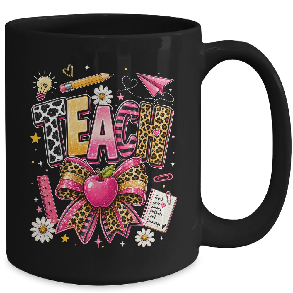 Preppy Leopard Teach Coquette Bow Leopard Back To School Mug | siriusteestore