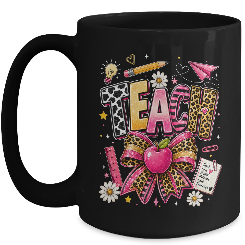 Preppy Leopard Teach Coquette Bow Leopard Back To School Mug | siriusteestore