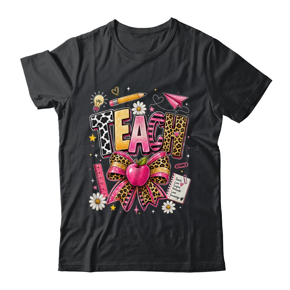 Preppy Leopard Teach Coquette Bow Leopard Back To School Shirt & Hoodie | siriusteestore