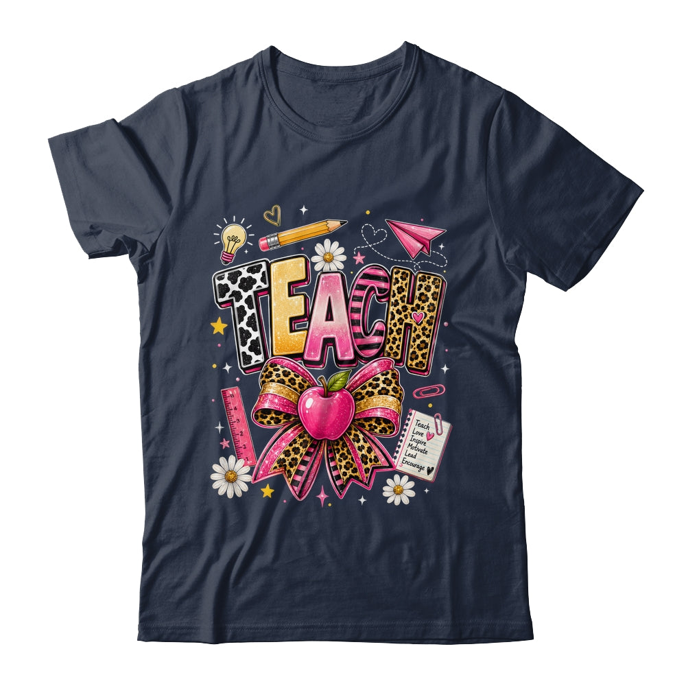 Preppy Leopard Teach Coquette Bow Leopard Back To School Shirt & Hoodie | siriusteestore