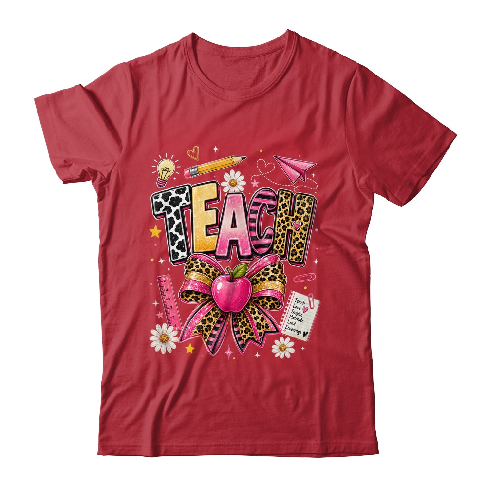Preppy Leopard Teach Coquette Bow Leopard Back To School Shirt & Hoodie | siriusteestore
