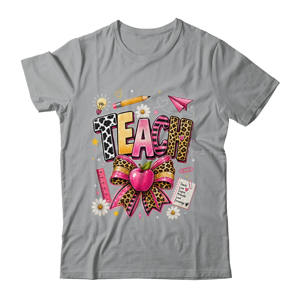 Preppy Leopard Teach Coquette Bow Leopard Back To School Shirt & Hoodie | siriusteestore