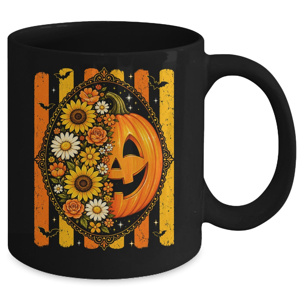 Preppy Pumpkin Floral Fall Autumn Design Striped Halloween Mug | siriusteestore