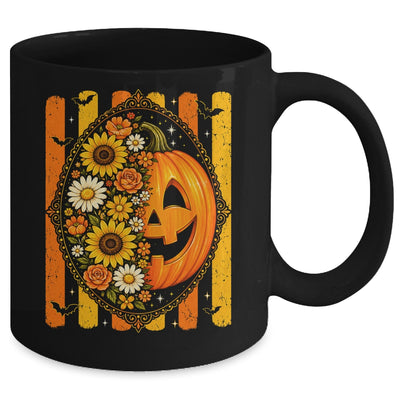Preppy Pumpkin Floral Fall Autumn Design Striped Halloween Mug | siriusteestore