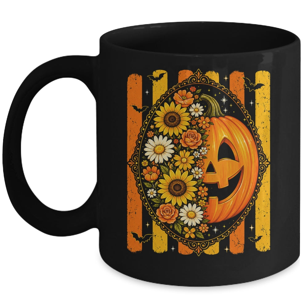 Preppy Pumpkin Floral Fall Autumn Design Striped Halloween Mug | siriusteestore
