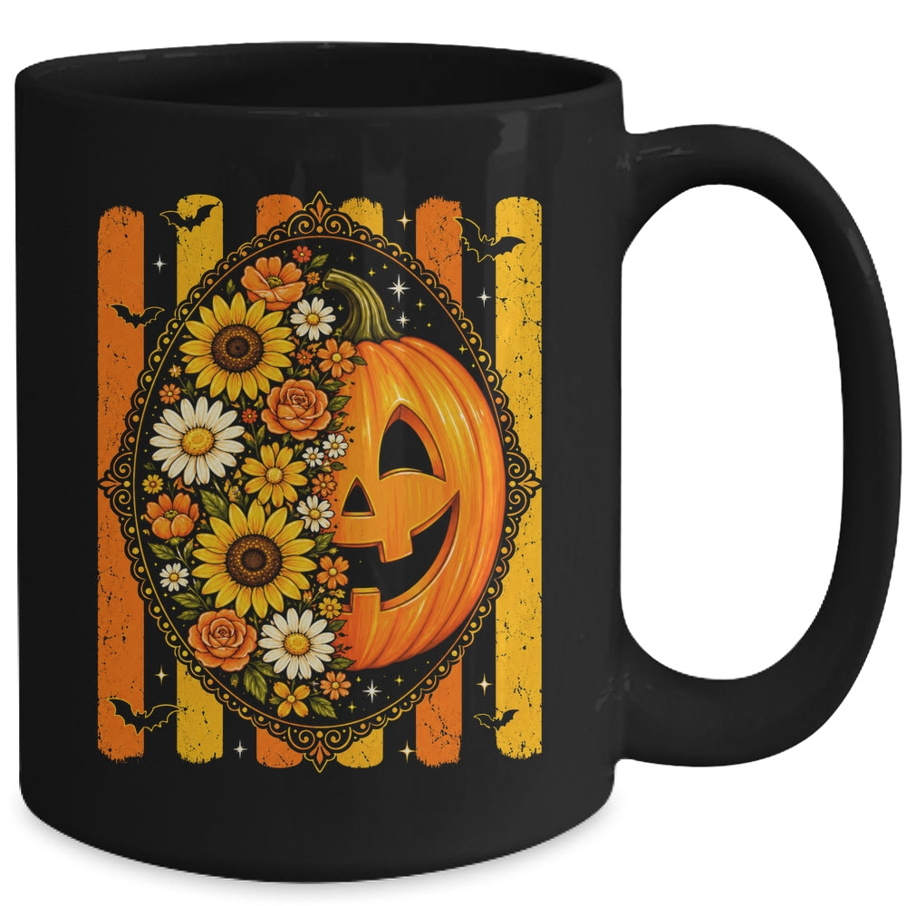 Preppy Pumpkin Floral Fall Autumn Design Striped Halloween Mug | siriusteestore